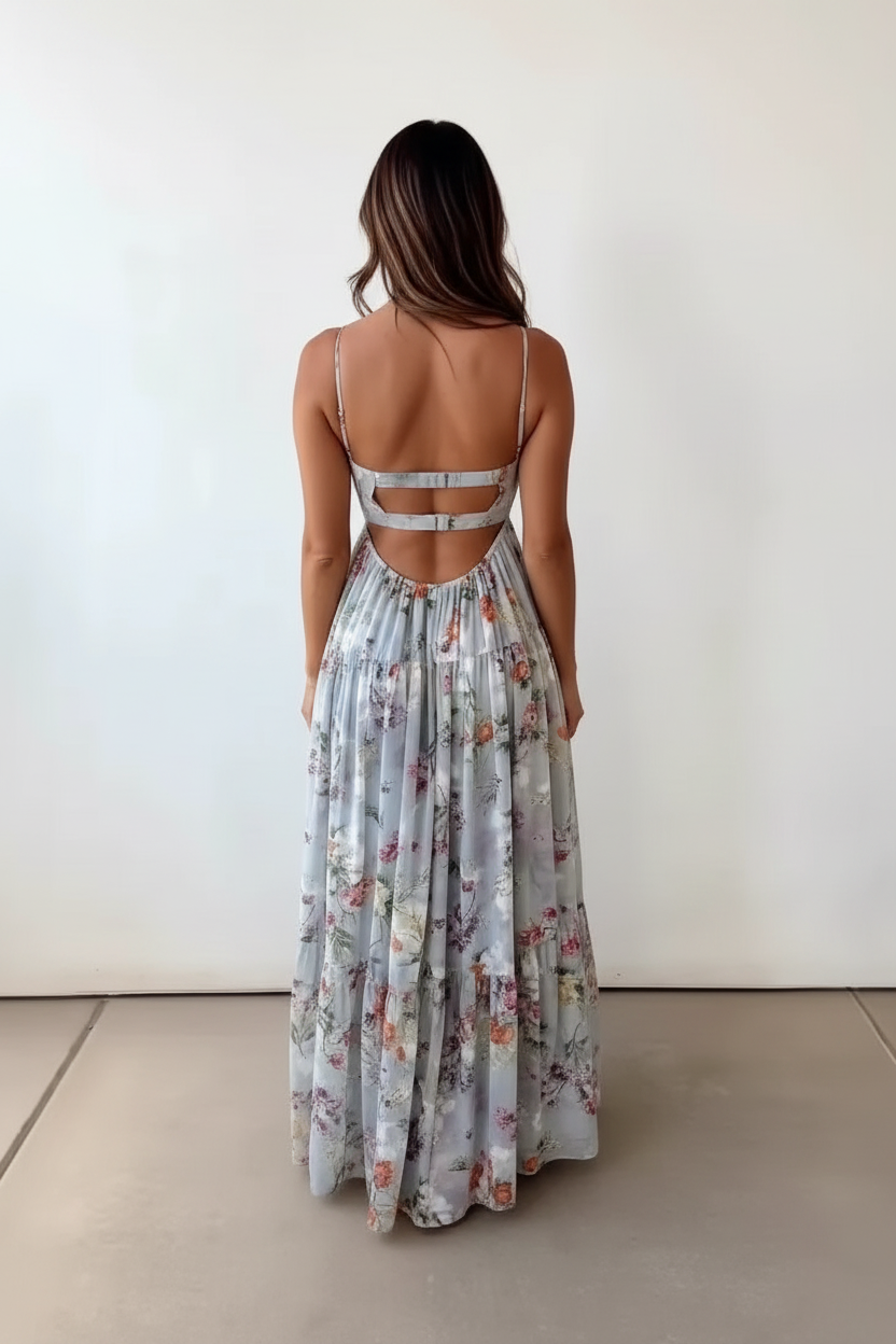 Floral Maxi Dress - Open Back Detail