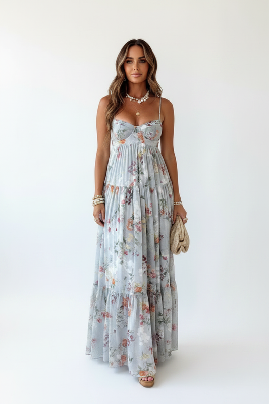 Floral Maxi Dress - Pure White Background