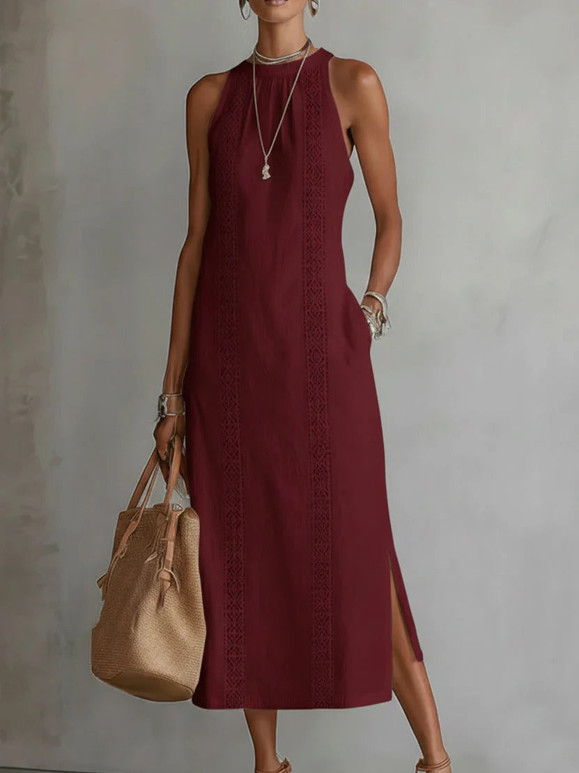 Lina – Vestido midi de lino con cuello mao