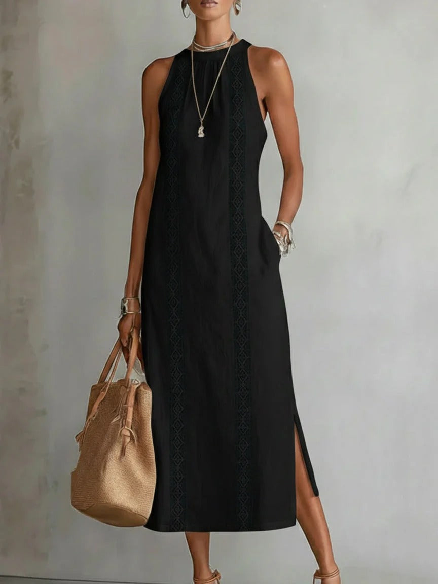 Lina – Vestido midi de lino con cuello mao