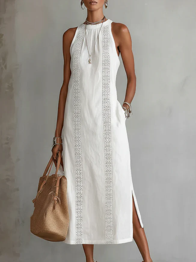 Lina – Vestido midi de lino con cuello mao