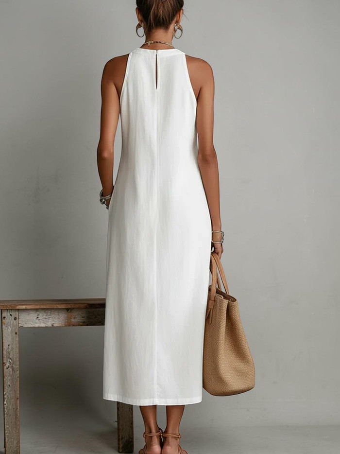 Lina – Vestido midi de lino con cuello mao