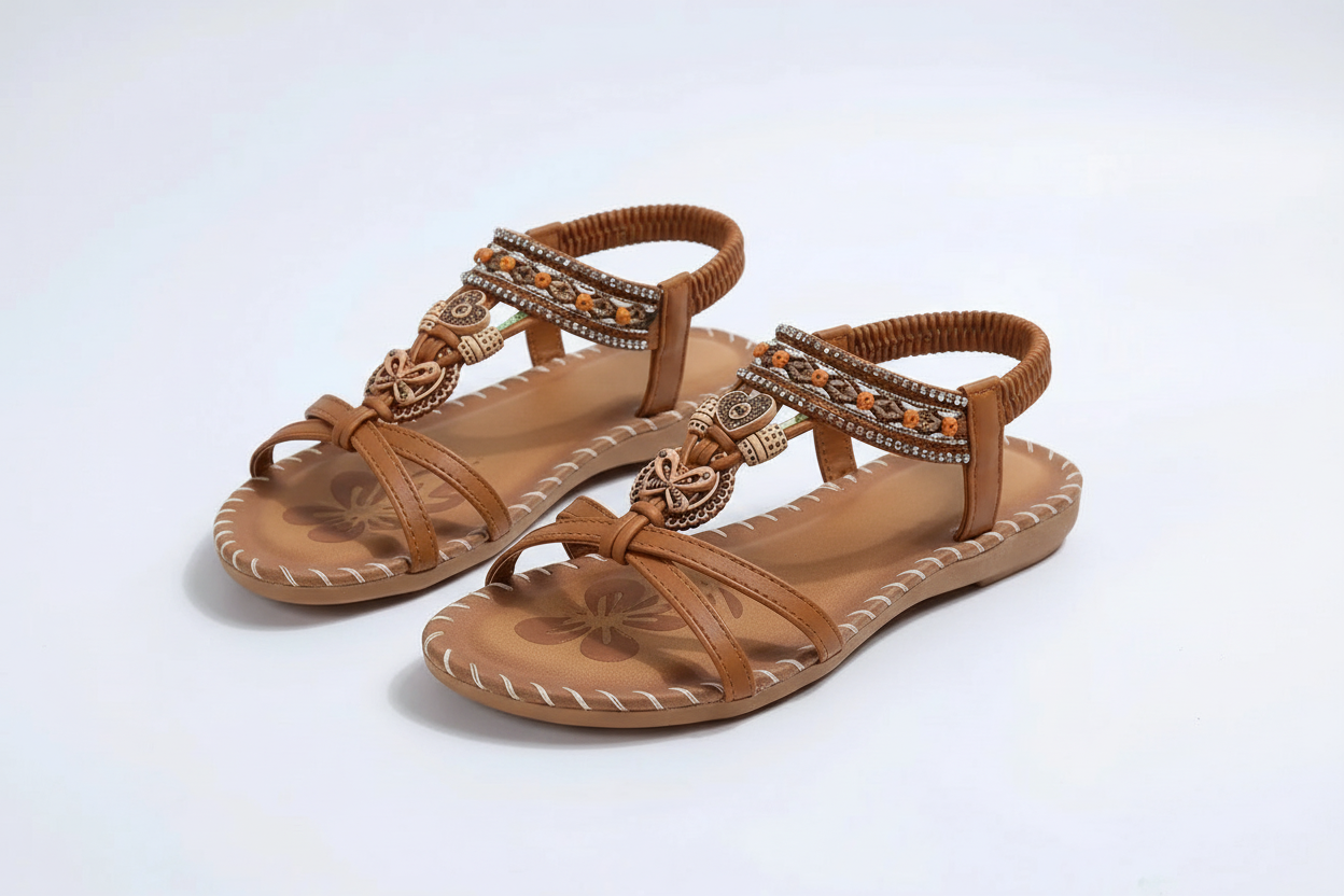 Sandalias bohemias en camel sobre fondo gris