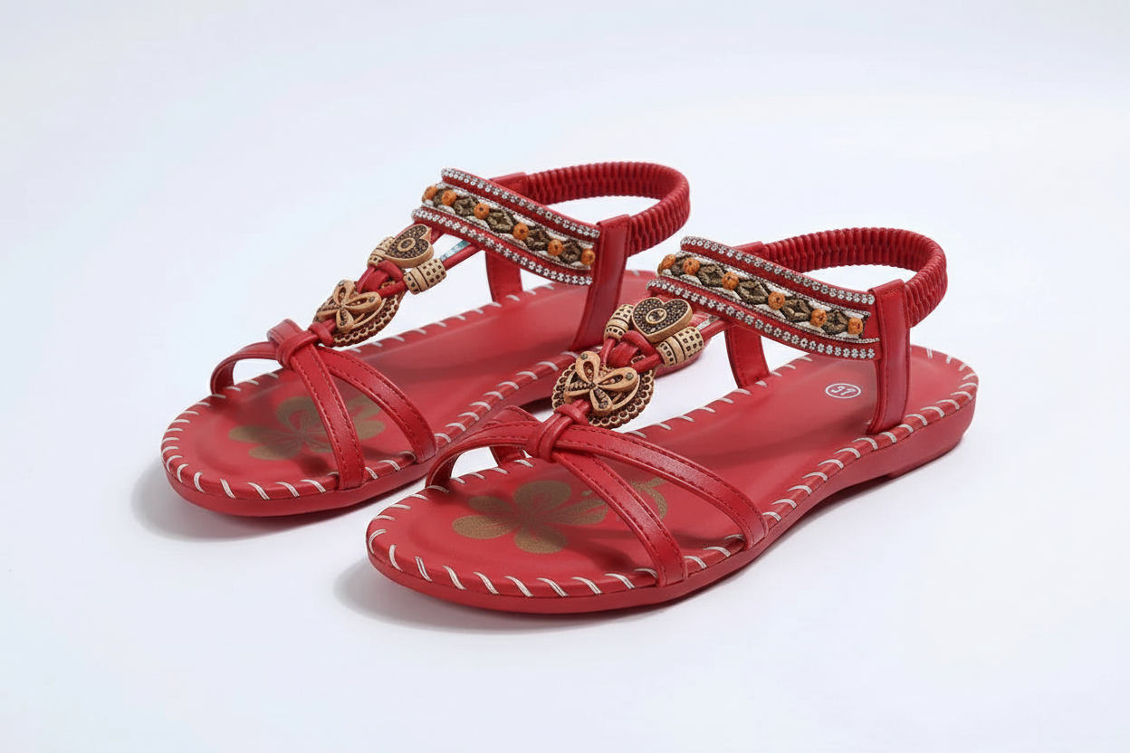 Sandalias bohemias en rojo sobre fondo gris